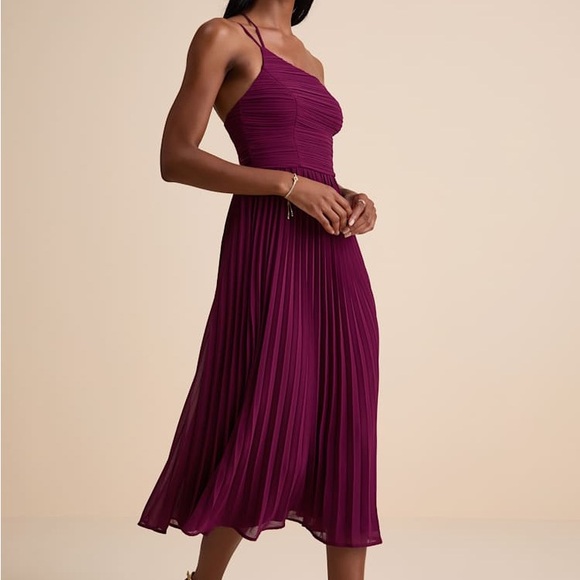 Lulus Wondrous Muse Plum Pleated One-Shoulder Midi Dress XXL - Picture 3 of 12